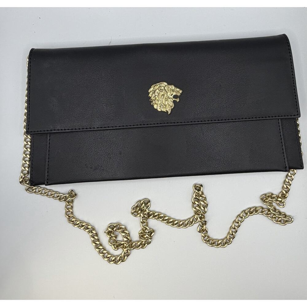 Bruno Magli Magdalena Black Leather Clutch Crossbody Gold Lion Head Chain Bag